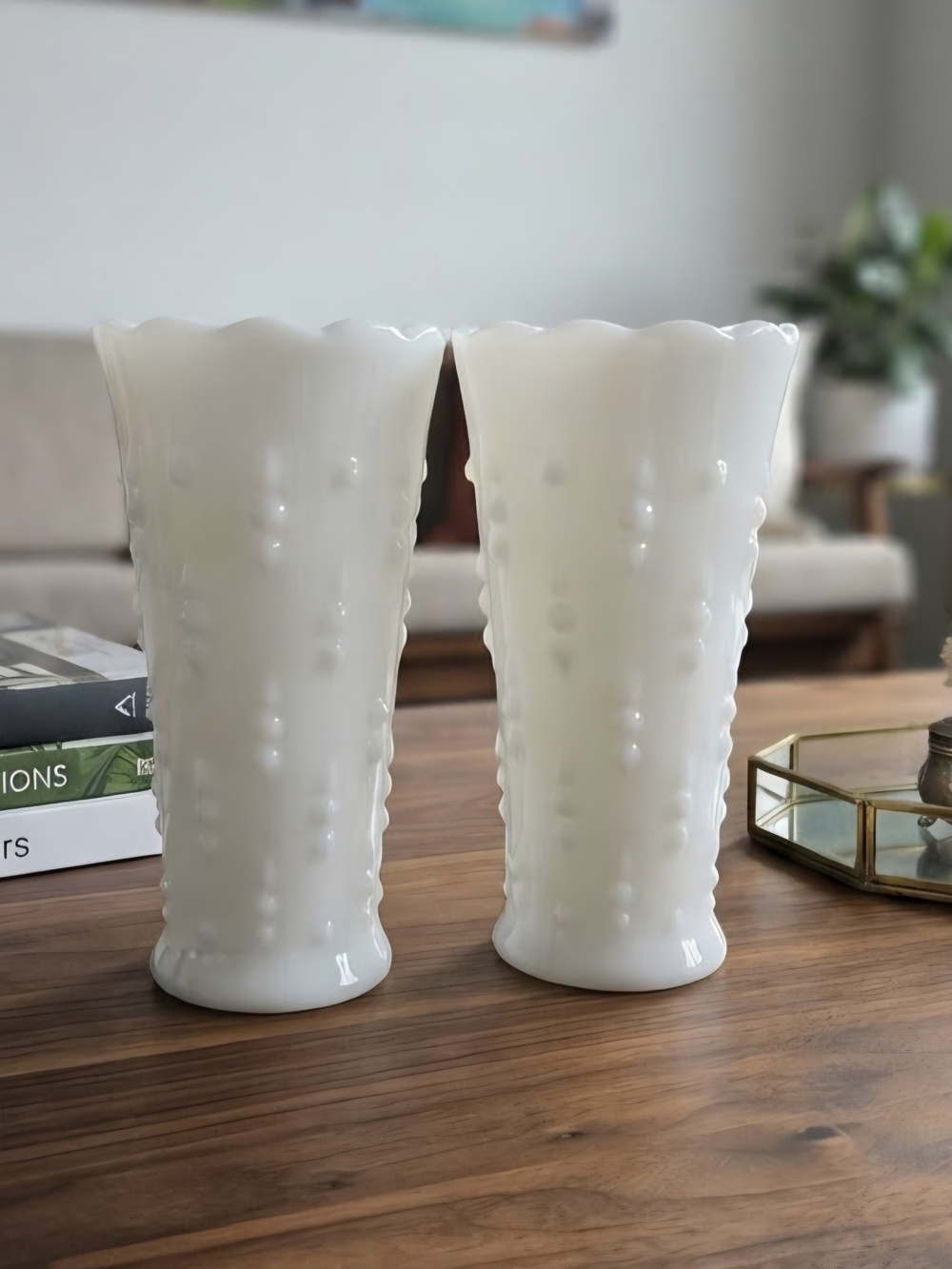 Pair of Large Vintage White Milk Glass Vases Anchor Hocking